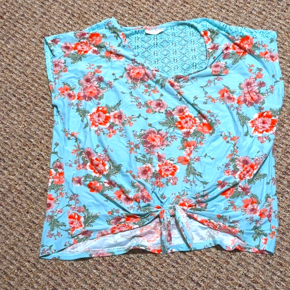 Teal Floral Shirt with Lace Top